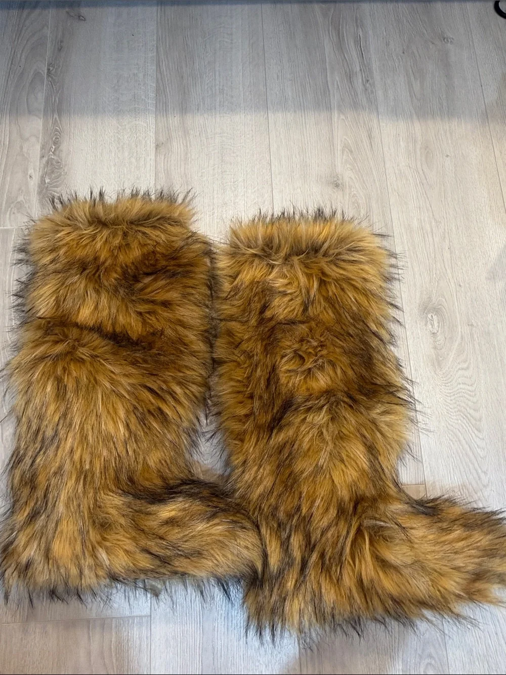 Faux Fur Over-the-Knee Boots in Warm Brown